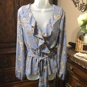 Max Studio Blue Long Sleeve Wrap Blouse